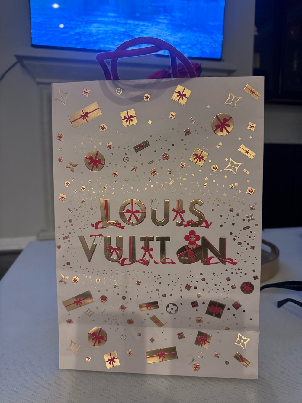 Louis Vuitton White & Gold Holiday Gift Bag with Pink Accents